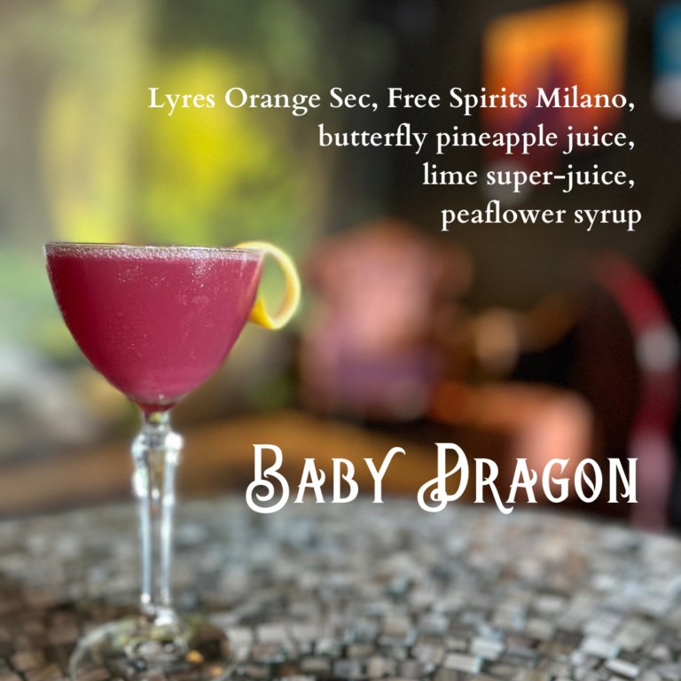 Baby Dragon mocktail. Drink ingredients listed