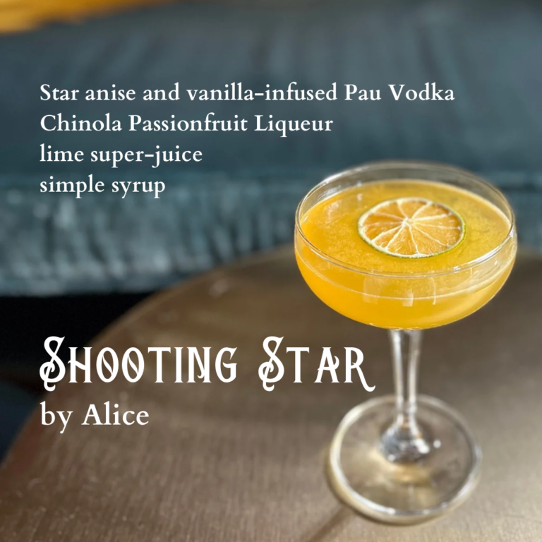 Shooting Star cocktail in a martini glass. Drink ingredients listed