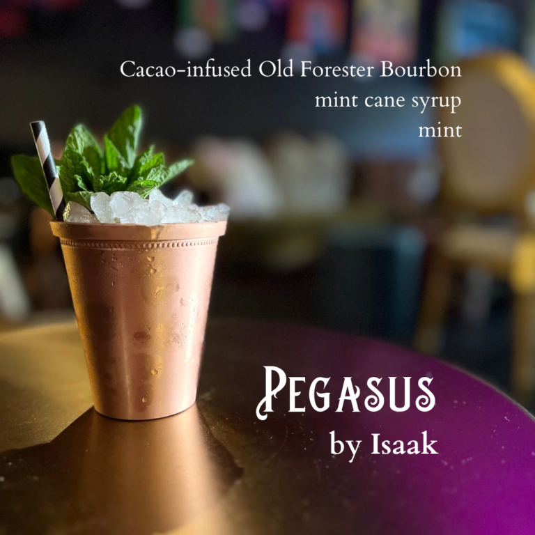 Pegasus cocktail in a copper cup. Drink ingredients listed