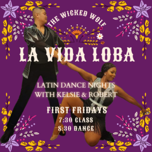 A purple flyer about the event. There is a picture of Kelsie and Robert dancing, and the corners are adorned with mexican-motif flowers. The text is just info about the event, same as above.